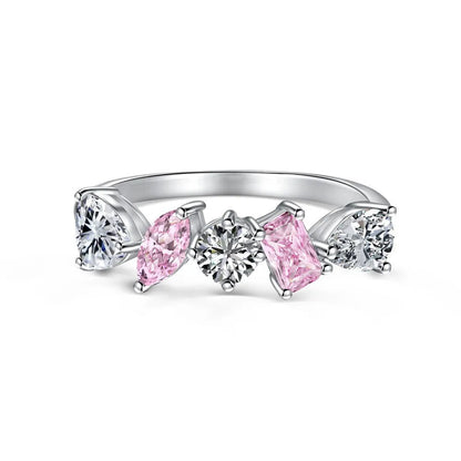 Sterling silver zircon rhinestone ring with adjustable open band in heart, wave, U-shape, drop and geometric designs