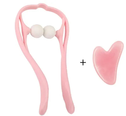Plastic swan-shaped neck massager in pink, blue, or green with adjustable width and 3D floating-point rollers