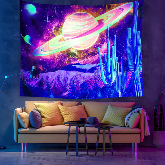 Fluorescent UV light tapestry with psychedelic mandala pattern glowing under blacklight illumination