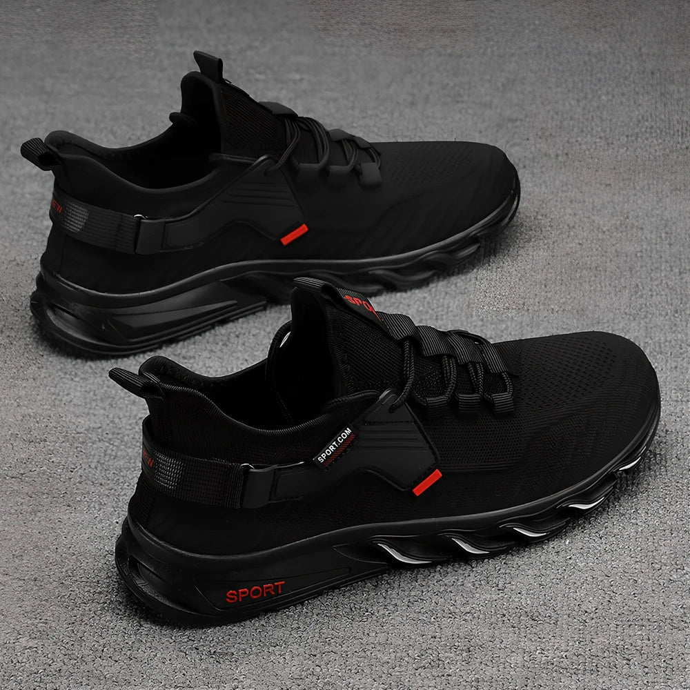 Black and blue Flying Woven Breathable Mesh Shoes with flat heel and rubber sole, EU 39-44 sizes for sports