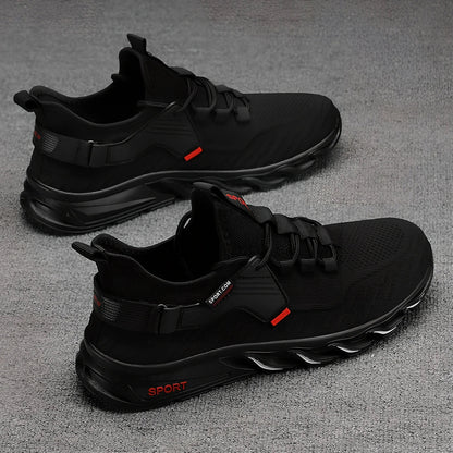 Black and blue Flying Woven Breathable Mesh Shoes with flat heel and rubber sole, EU 39-44 sizes for sports