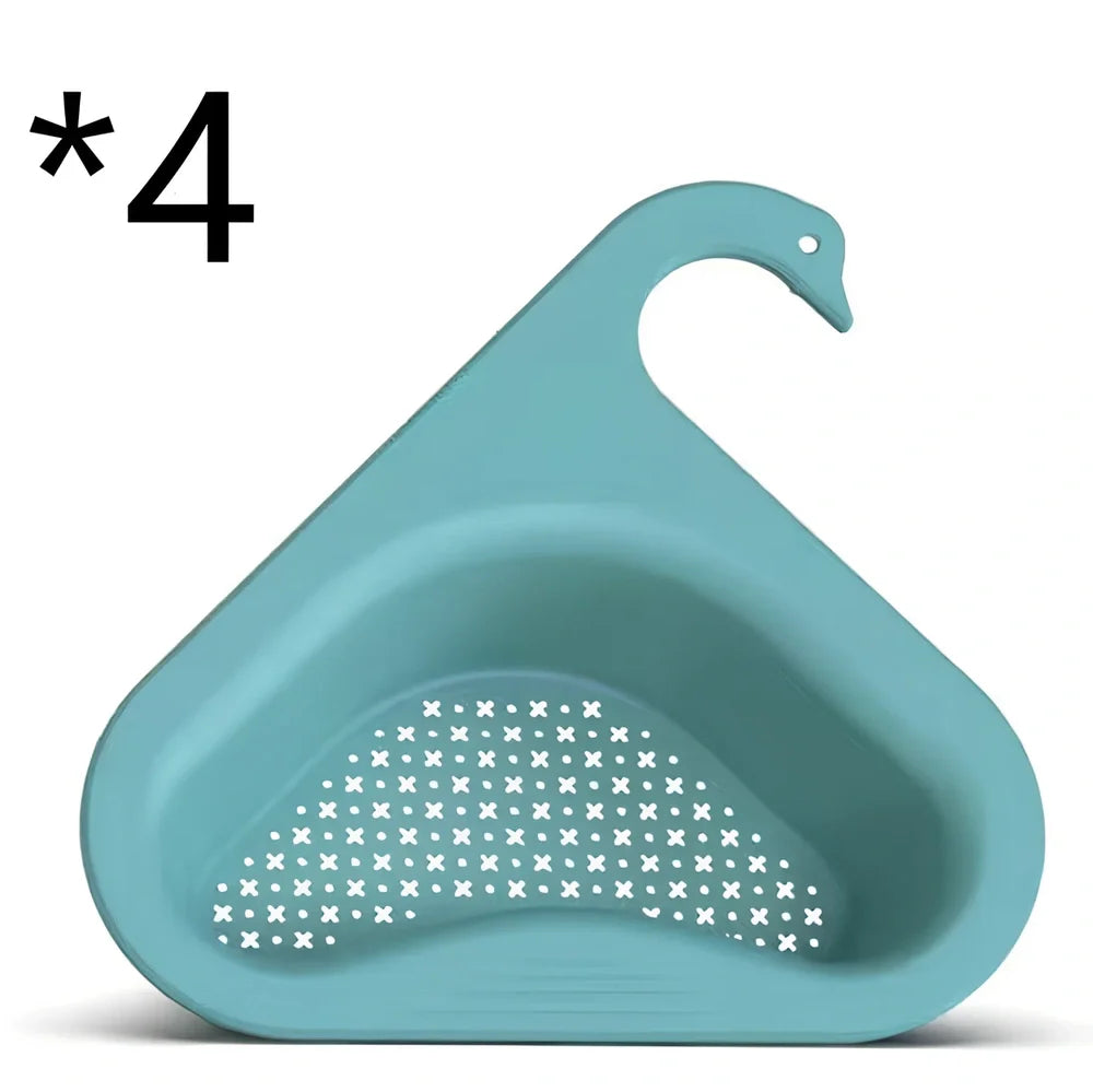 Yellow swan-shaped plastic kitchen drainer basket with drainage holes on kitchen counter