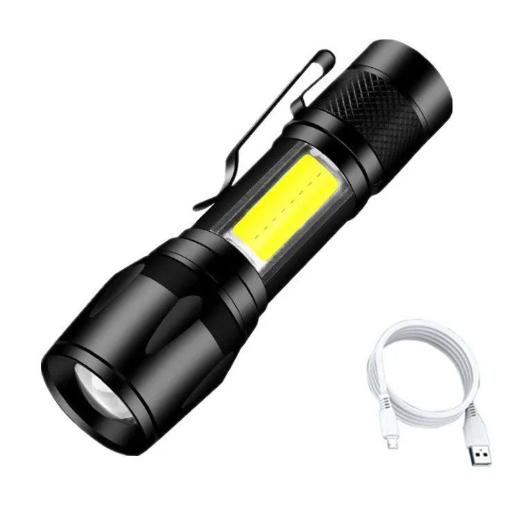Black USB rechargeable LED flashlight with 10W output and aluminium alloy body, pocket-sized torch for hiking and camping.