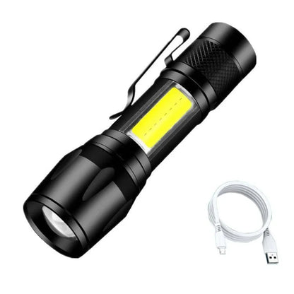 Black USB rechargeable LED flashlight with 10W output and aluminium alloy body, pocket-sized torch for hiking and camping.