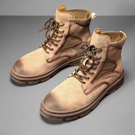 Men's vintage-style Martin boots with frosted microfiber leather upper and 1-3cm thick heel in black, sand, or grey