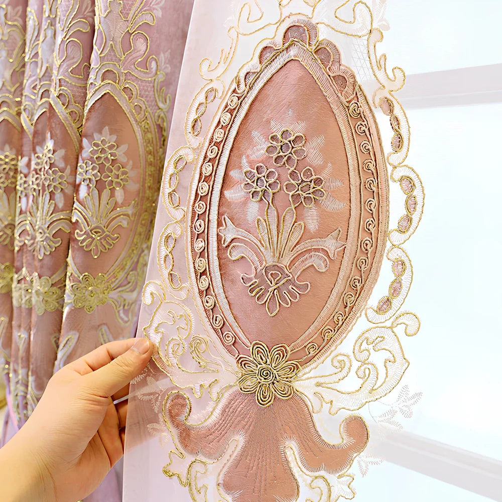 European-style blackout curtains with plant flower heart pattern in pink colour options