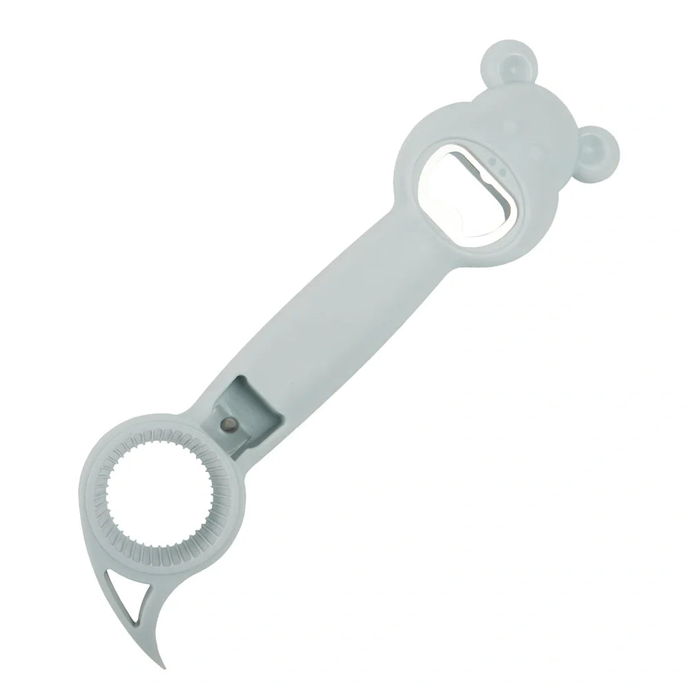 Bear-shaped 4-in-1 stainless steel bottle opener in gray blue, 21 cm long for jars cans and beers