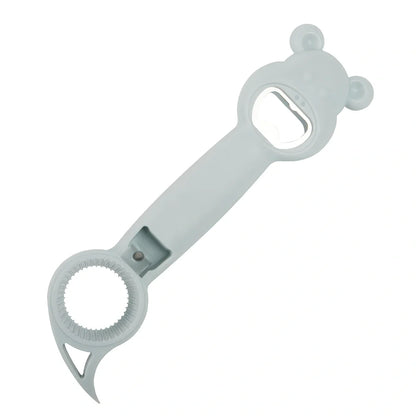 Bear-shaped 4-in-1 stainless steel bottle opener in gray blue, 21 cm long for jars cans and beers