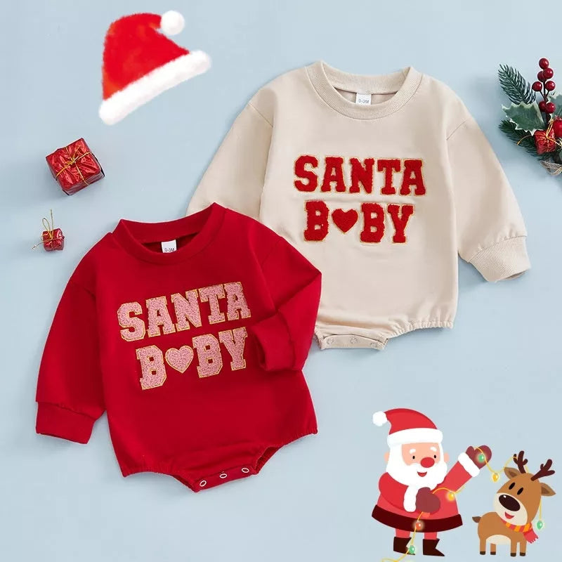 Christmas-themed cotton romper with letter embroidery for newborns and toddlers