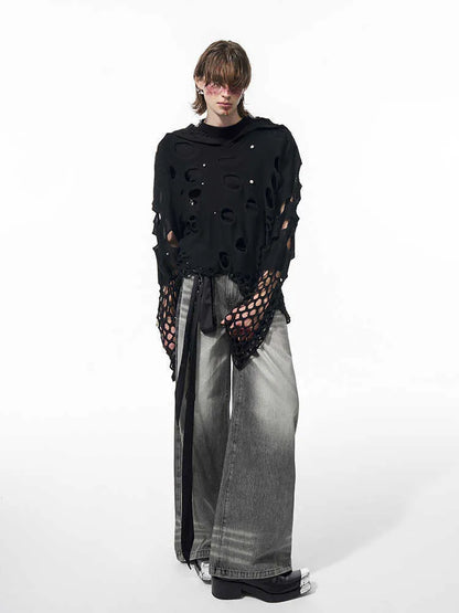 Men's black loose-fit hooded sweater with pearl decorations, thin fabric for spring