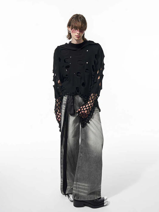 Men's black loose-fit hooded sweater with pearl decorations, thin fabric for spring