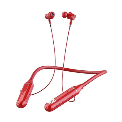 Wireless Bluetooth sports neckband headphones with power display in black, red, purple, or green