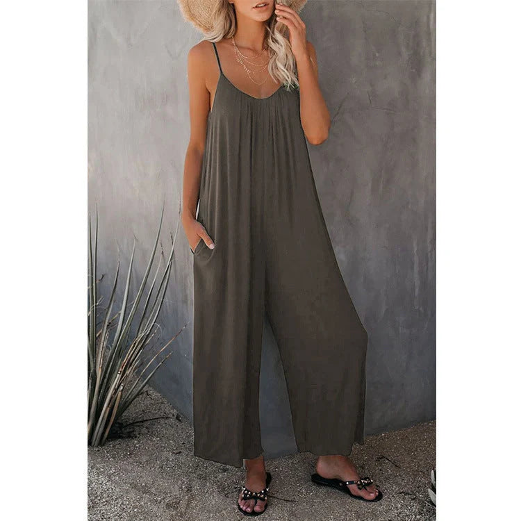 Women's sleeveless cotton blend jumpsuit with pockets in various colors