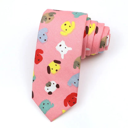 A narrow Korean-style cotton bow tie featuring a cartoon print, shown in a selection of colours.