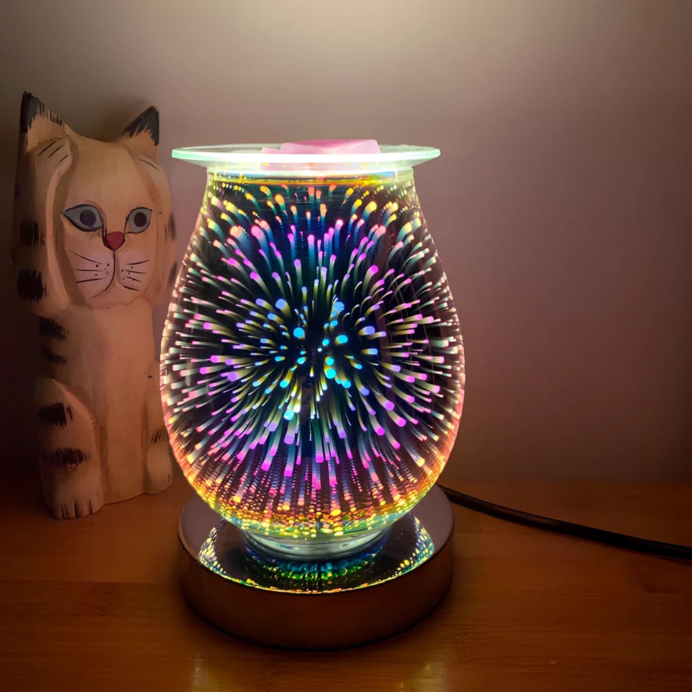 Glass aromatherapy lamp with firework-coloured surface projecting light patterns, touch sensor base, 15cm height