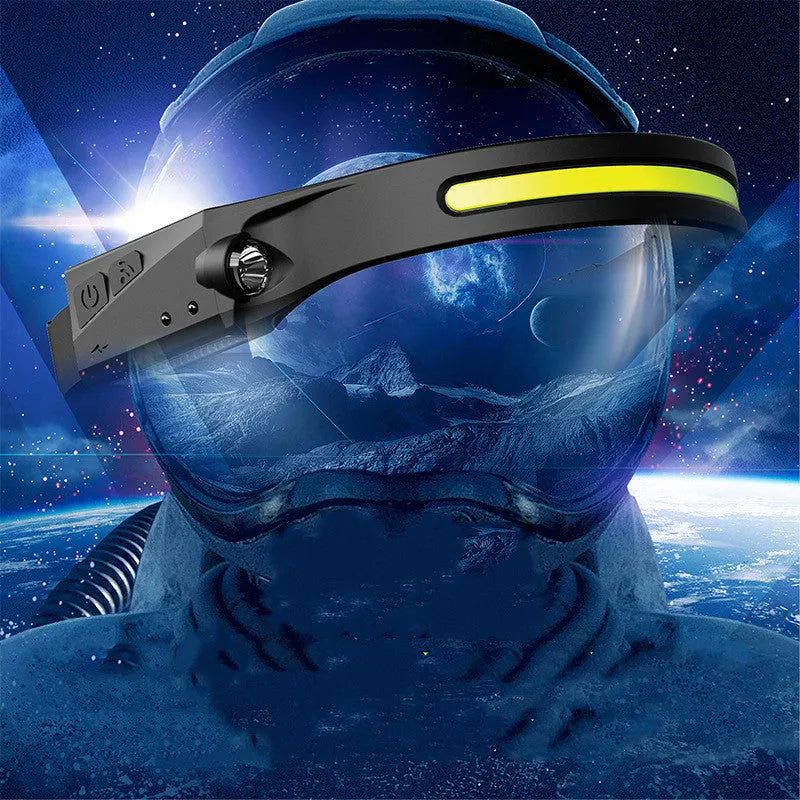 Black silicone USB rechargeable headlamp with a wide COB LED lens and a side wave sensor.