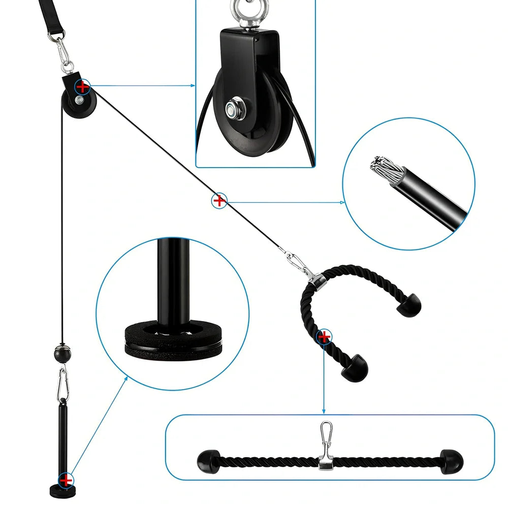 DIY fitness equipment set showing loading pin, hanging strap, tricep rope, pulley and carabiners