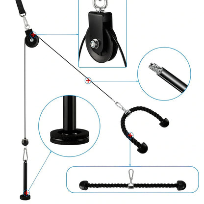 DIY fitness equipment set showing loading pin, hanging strap, tricep rope, pulley and carabiners