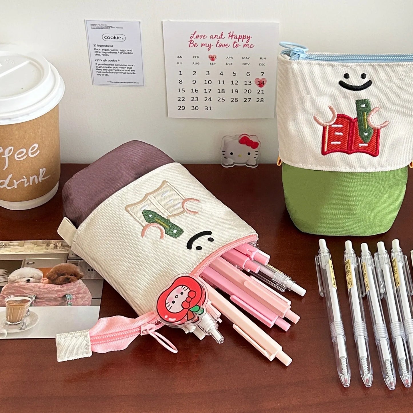Brown and green cartoon collapsible pencil case measuring 17x14cm with Oxford fabric construction