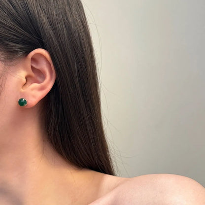 S925 sterling silver stud earrings with green chalcedony, platinum colour finish, geometric round shape, for women