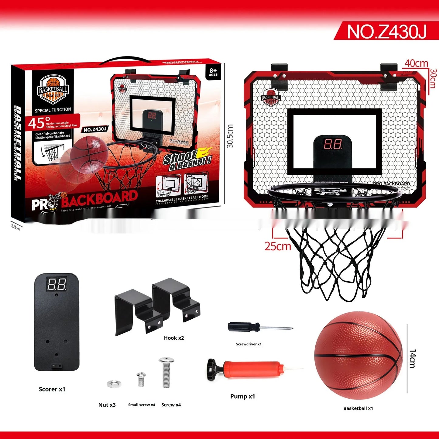 Red folding basketball frame with suction cups mounted on door, showing 400x300mm panel and 16cm ball