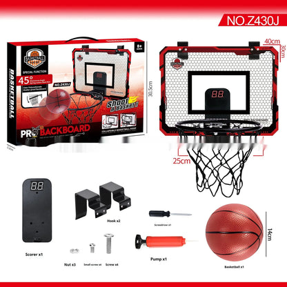 Red folding basketball frame with suction cups mounted on door, showing 400x300mm panel and 16cm ball