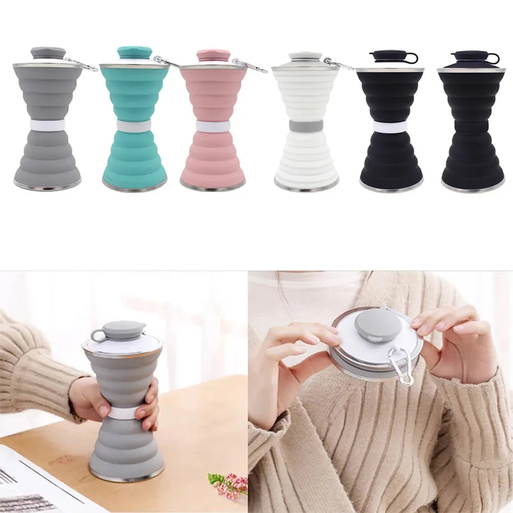 Collapsed and expanded states of a 500ml silicone water bottle with hook and hand rope.