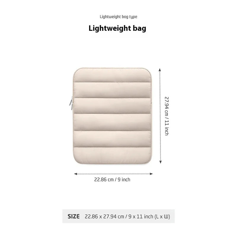 Puff bag laptop sleeve with elastic four-sided construction, available in 9.7-11 inch size for waterproof and wear-resistant laptop storage, offered in black, khaki, or silver colour with polyester lining texture