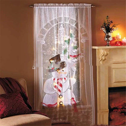 Christmas themed blackout curtains with Santa, snowmen, deer, and presents designs