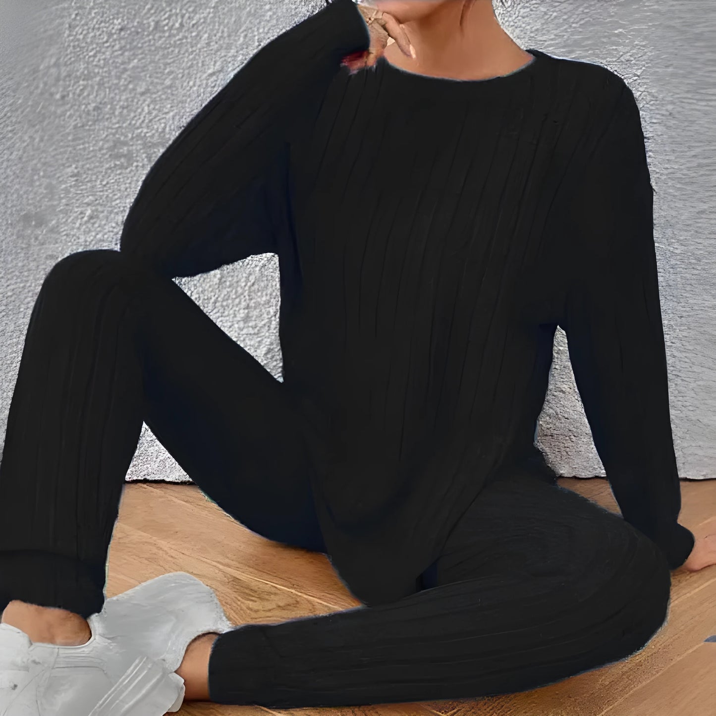 Sunken Stripe two-piece homewear set in black or blue with regular sleeves, sizes 1XL to 5XL