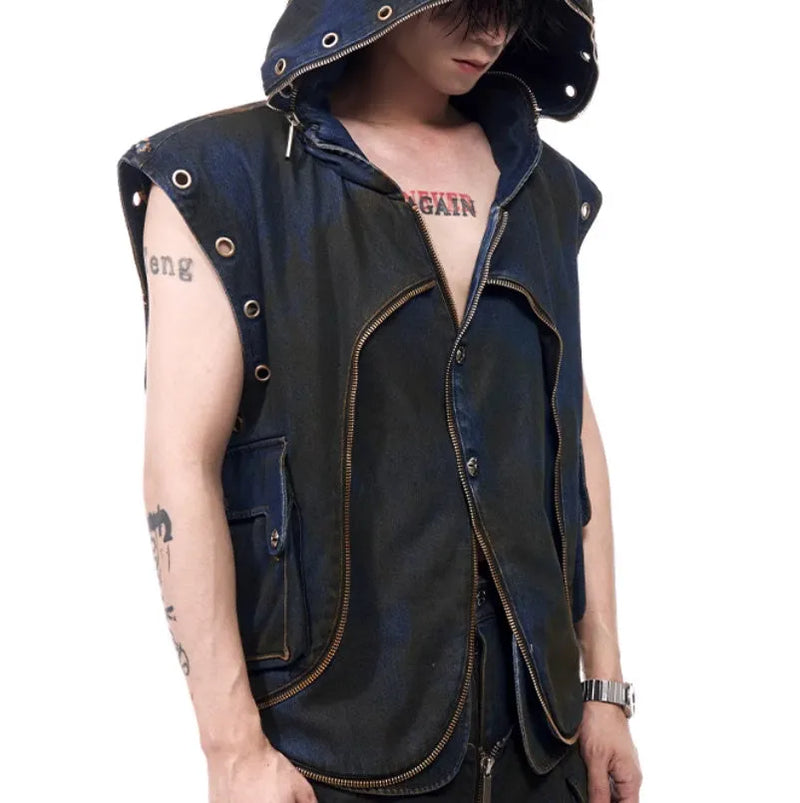 Heavy Industry Korean Style Hooded Denim Vest Coat Zipper Jacket with Regular Fit Trousers Polyester S M L XL Blue Denim Two-Piece Set Men's Outfit