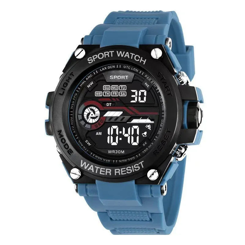 Electronic digital watch for teenagers in one of ten colour options, showing digital display.