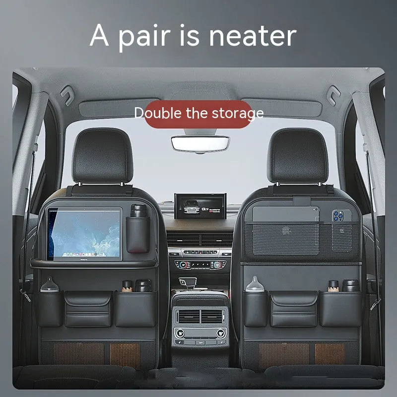 Leather car seat lazyback storage bag with foldable dining table, waterproof, 1.2kg, 48 x 25 x 6cm, in four colours.