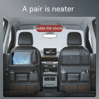 Leather car seat lazyback storage bag with foldable dining table, waterproof, 1.2kg, 48 x 25 x 6cm, in four colours.