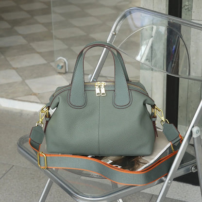 Women's genuine leather cross-body shoulder bag in horizontal square design with multiple internal compartments