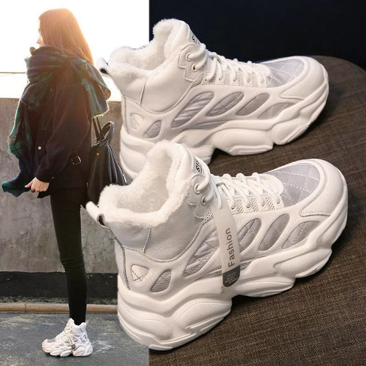 Women's casual velvet lined high shoes in black, silver, and beige with waterproof PU upper and non-slip sole