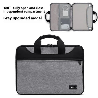 Black full zip opening Oxford cloth laptop bag for business travel with a soft carry handle.