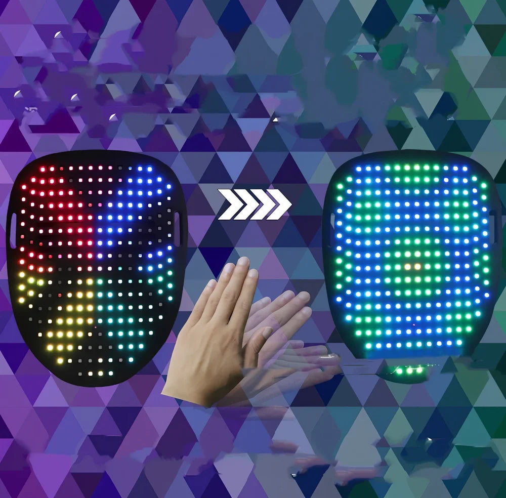 Black LED Halloween mask with 234 RGB beads showing glowing pattern on 17x20.5cm surface
