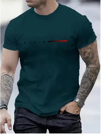 Men's slim-fit 3D printed graphic T-shirt on a hanger showing short sleeves.