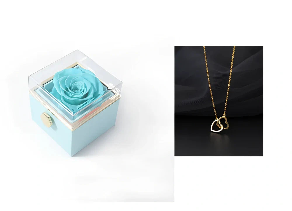 Acrylic rotating rose jewelry box in sapphire blue, 10cm diameter with three-layer storage and carrying bag