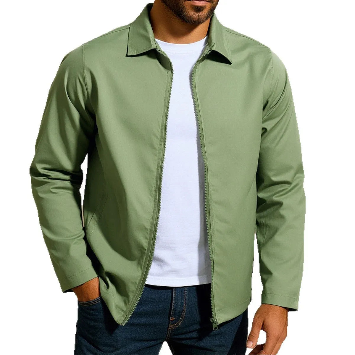 Men's green zipper cardigan jacket with raglan sleeves laid flat.