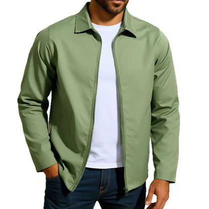 Men's green zipper cardigan jacket with raglan sleeves laid flat.
