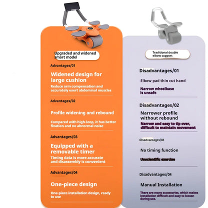 Black abdominal exercise wheel with four elbow support pads on grey floor