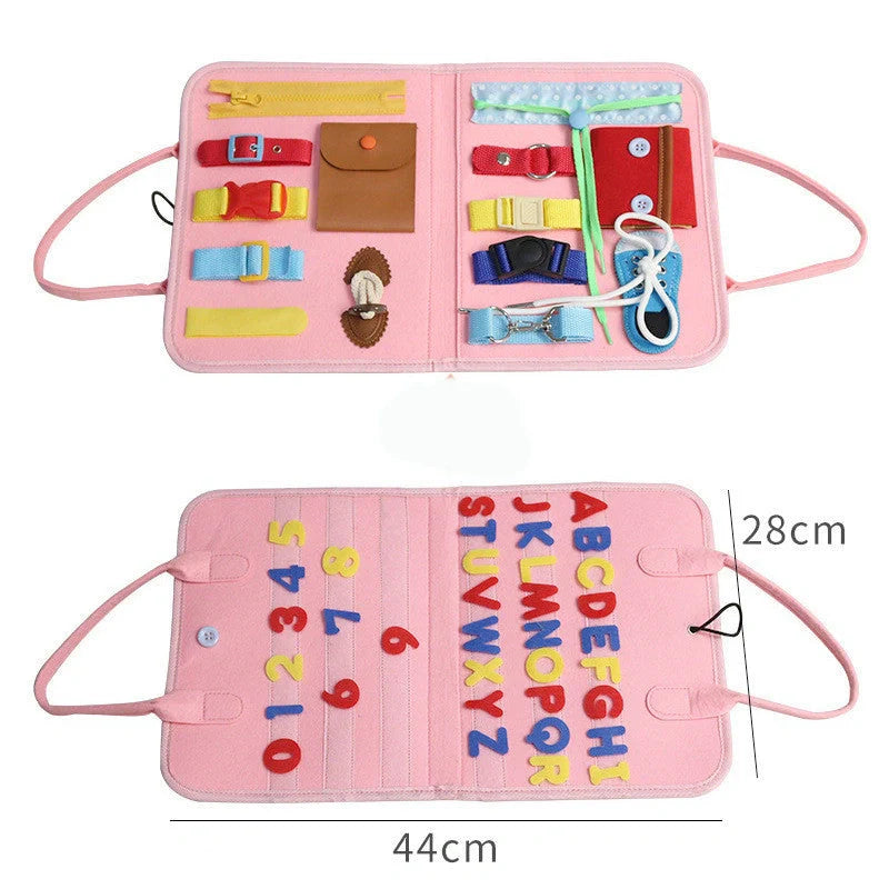 Children's busy board with dressing and buttoning features for early learning