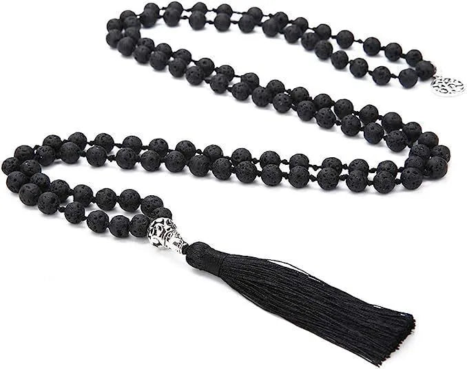 Handmade knotted beaded necklace with 108 natural stone beads in various colours.