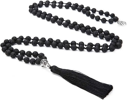 Handmade knotted beaded necklace with 108 natural stone beads in various colours.