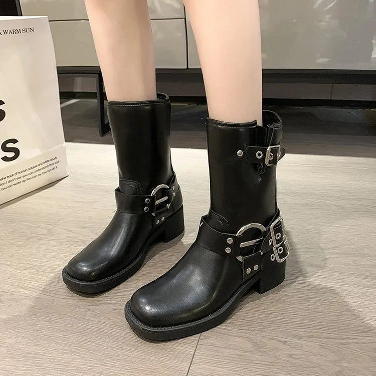 British platform women's boots with belt buckle in black or brown colours, middle calf length
