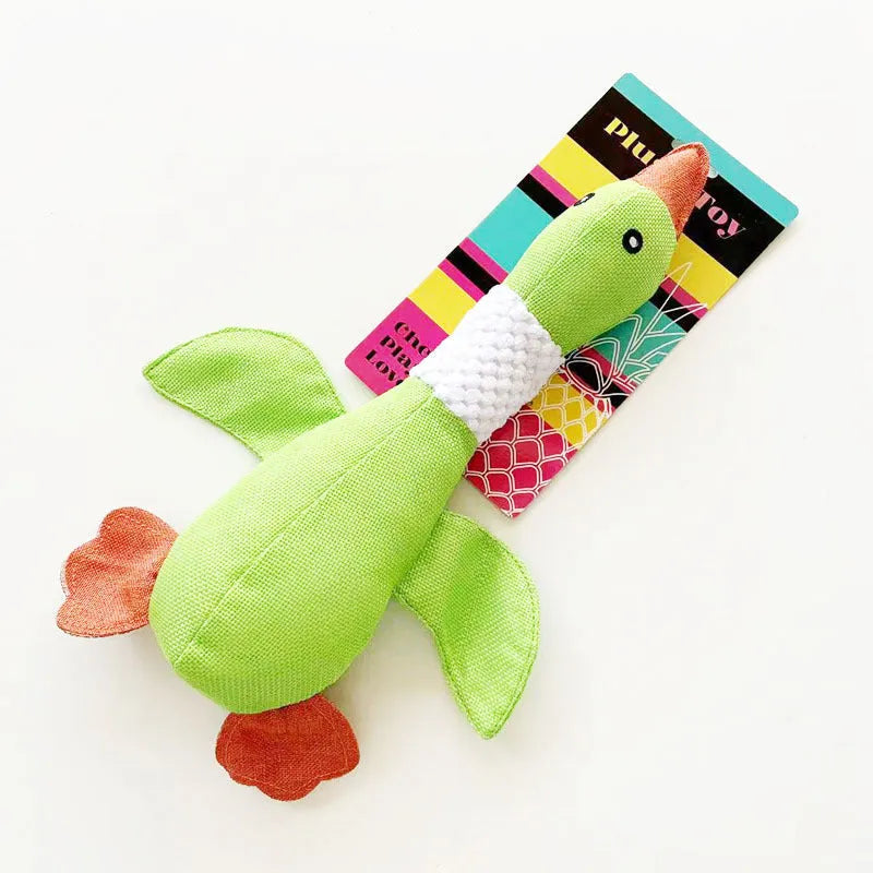 Blue plush duck dog toy with two squeakers, measuring 33 cm, for chewing and teeth cleaning