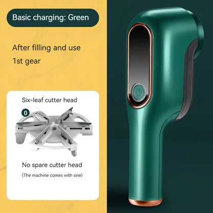 Rechargeable green lint trimmer removing fabric balls from wool jumper, digital display showing speed, 15 cm size with spare blades