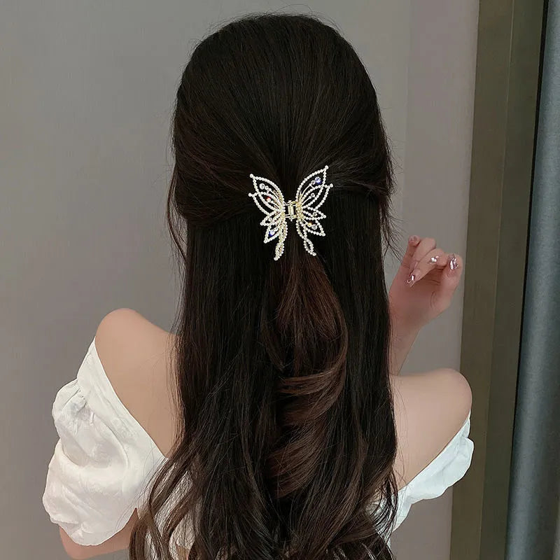 Butterfly hair clip barrette for women, electroplated alloy hairpin with 6.7 x 6.2 cm size in rhinestone or pearl style, simple design hair accessory with butterfly decorative element